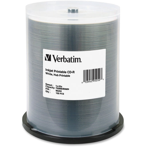 Verbatim CD-R 700MB 52X White Inkjet Printable, Hub Printable - 100pk Spindle - The Supply Room
