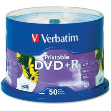 Verbatim DVD+R 4.7GB 16X White Inkjet Printable with Branded Hub - 50pk Spindle - The Supply Room