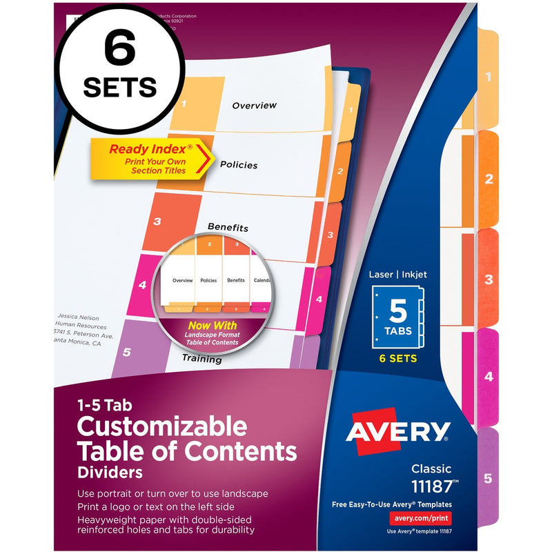 Avery&reg; Ready Index 5 Tab Dividers, Customizable TOC, 6 Sets (11187)