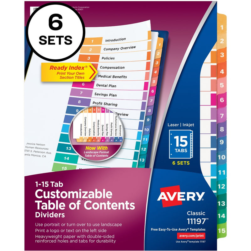 Avery&reg; Ready Index 15 Tab Dividers, Customizable TOC, 6 Sets (11197)