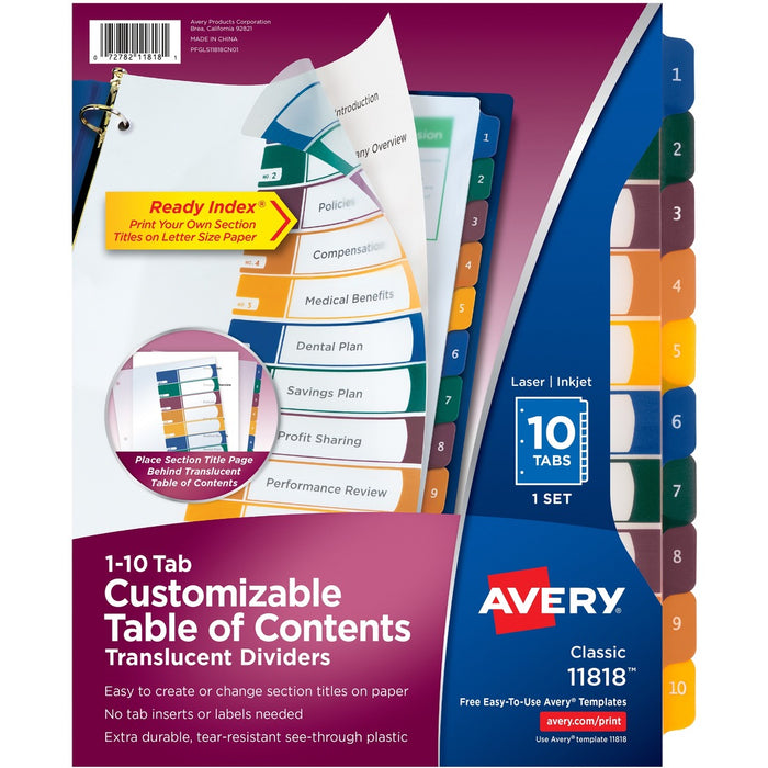 Avery&reg; 10 Tab Dividers, Customizable TOC, Multicolor, 1 Set (11818)