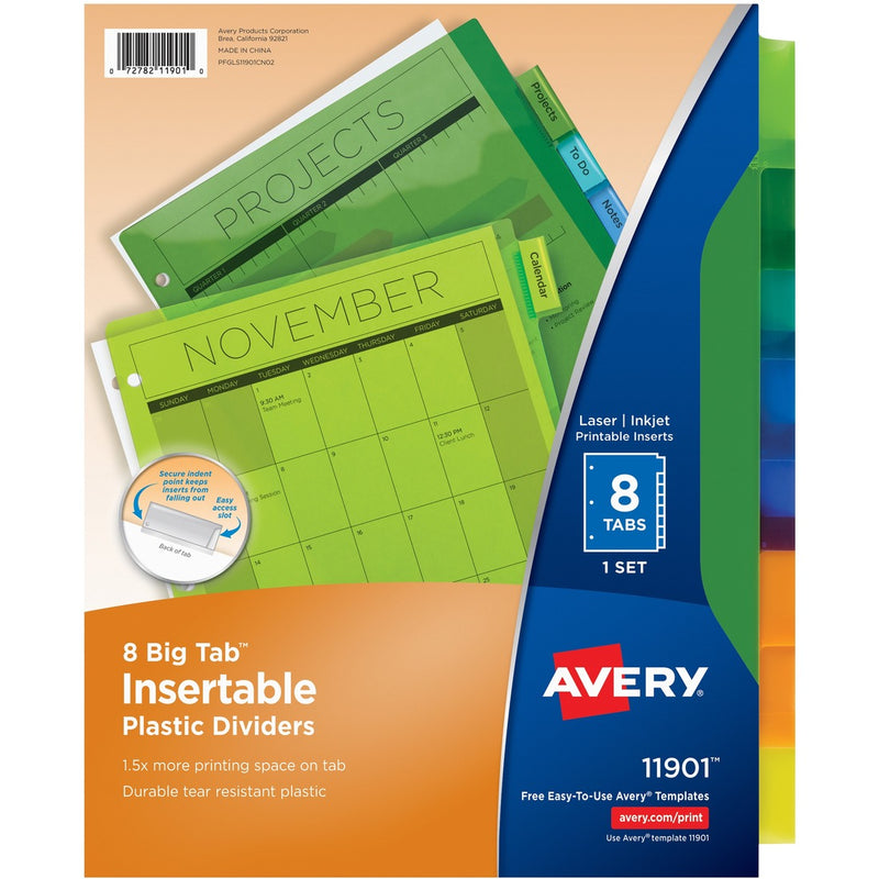 Avery&reg; Big Tab(TM) Insertable Plastic Dividers, 8-Tab Set, Multicolor (11901)