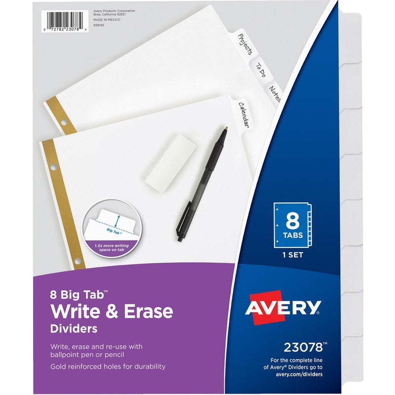 Avery&reg; Big Tab(TM) Write & Erase Dividers, 8 White Tabs, 1 Set (23078)
