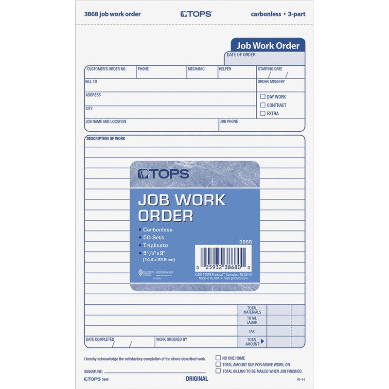 TOPS Carbonless 3-Part Job Work Order Forms - The Supply Room