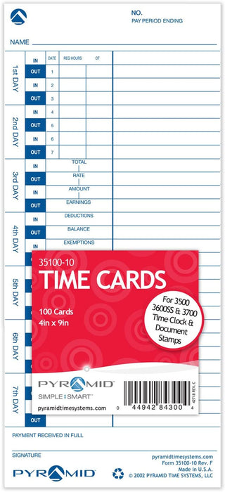 Pyramid 35100-10 Time Cards for use with All Side-Loading Time Clocks, 100/Pk