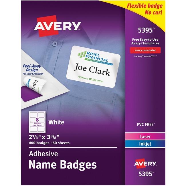 Avery&reg; Flexible Name Tag Stickers, White Rectangle Labels, Removable Name Badges, 2-1/3" x 3-3/8" , 400 Labels (5395) (AVE05395) - The Supply Room