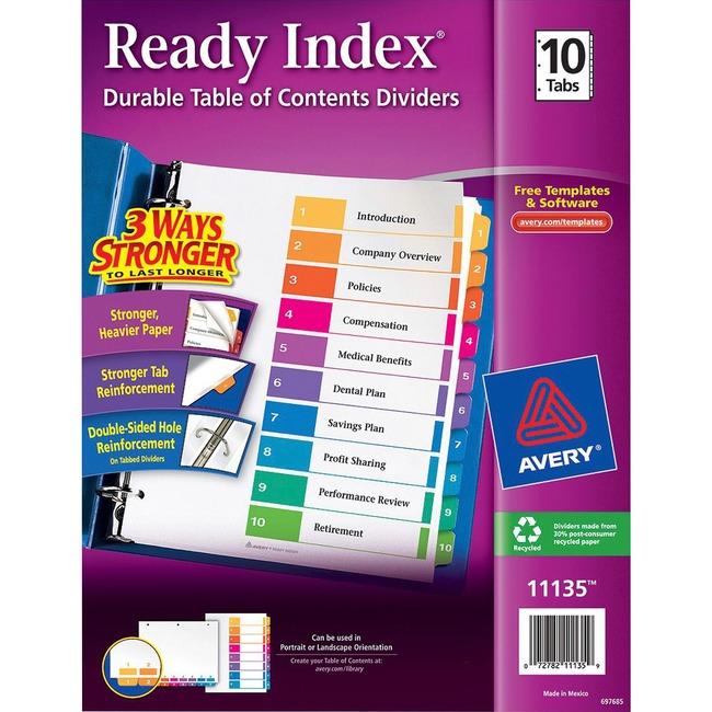 11135 READY INDEX TABLE OF CONTENTS DIVIDERS 10 TAB 1 SET