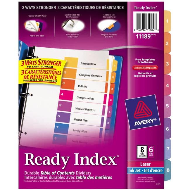 11189 READY INDEX TABLE OF CONTENTS DIVIDERS 8 TAB 6 SETS