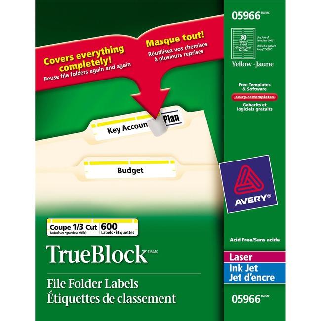 Avery&reg; TrueBlock(R) File Folder Labels, Sure Feed(TM) Technology, Permanent Adhesive, Yellow, 2/3" x 3-7/16" , 1,500 Labels (5966) (AVE05966)