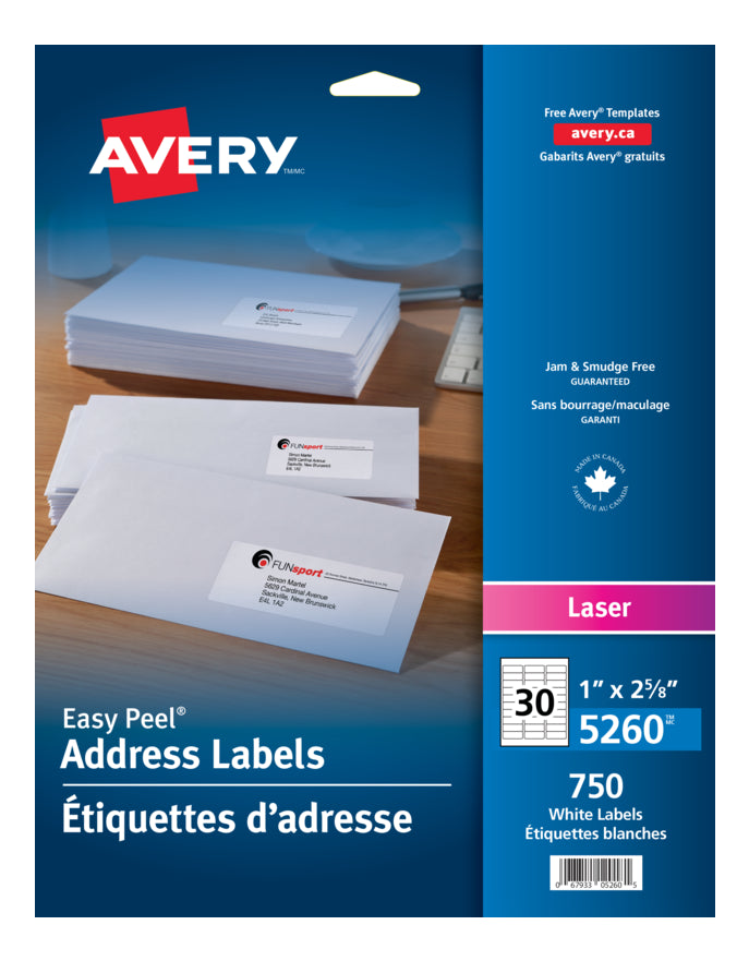 5260 WHITE EASY PEEL 2 5/8" X 1" PERMANENT  25 SHEETS/EN