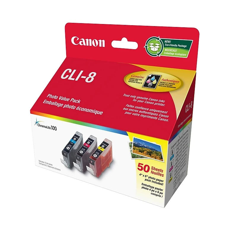0621B014 Canon CLI-8 CMY Ink Value Pack w. 50SH Photo Pape