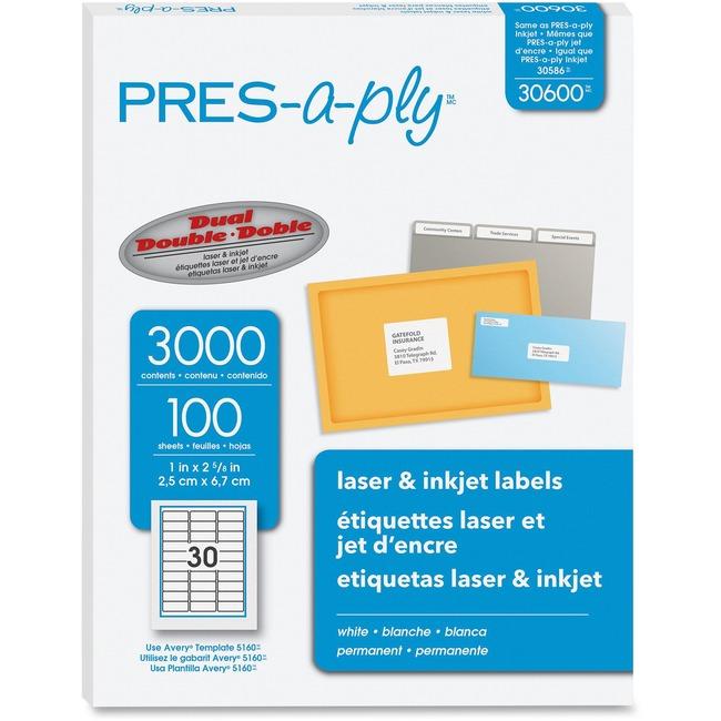 30600 PRESAPLY LABEL LASER 1" X 2 5/8" WHITE 3000 LABEL