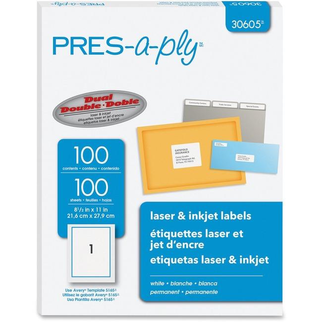 30605 PRESAPLY LABEL LASER 8 1/2" X 11" WHITE 100 LABEL