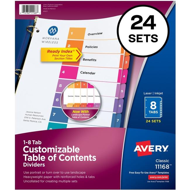 Avery&reg; Ready Index 8 Tab Dividers, Customizable TOC, 24 Sets (11168) (AVE11168)