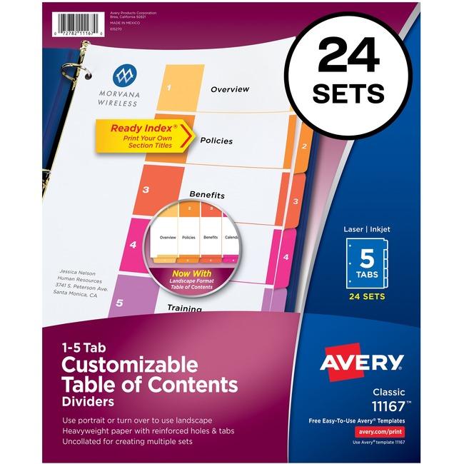 Avery&reg; Ready Index 5 Tab Dividers, Customizable TOC, 24 Sets (11167) (AVE11167)