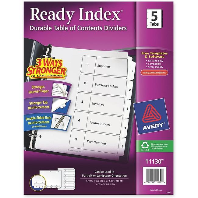 11130 READY INDEX TABLE OF CONTENTS DIVIDERS 5 TAB 1 SET