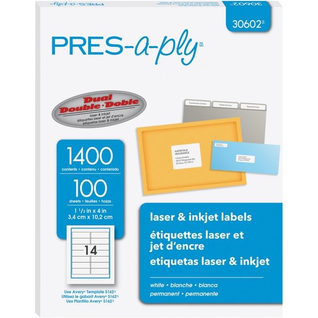 30602 PRESAPLY LABEL LASER 1 1/3" X 4" WHITE 1400 LABEL