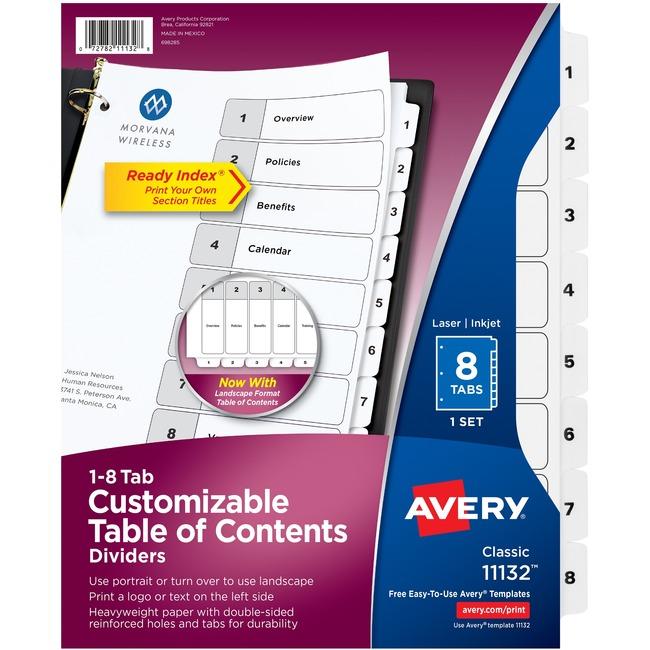Avery&reg; Ready Index 8 Tab Dividers, Customizable TOC, 1 Set (11132) (AVE11132)