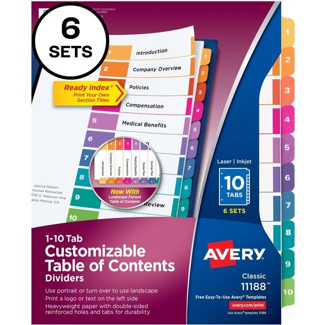 11188 READY INDEX TABLE OF CONTENTS DIVIDERS 10 TAB 6 SETS