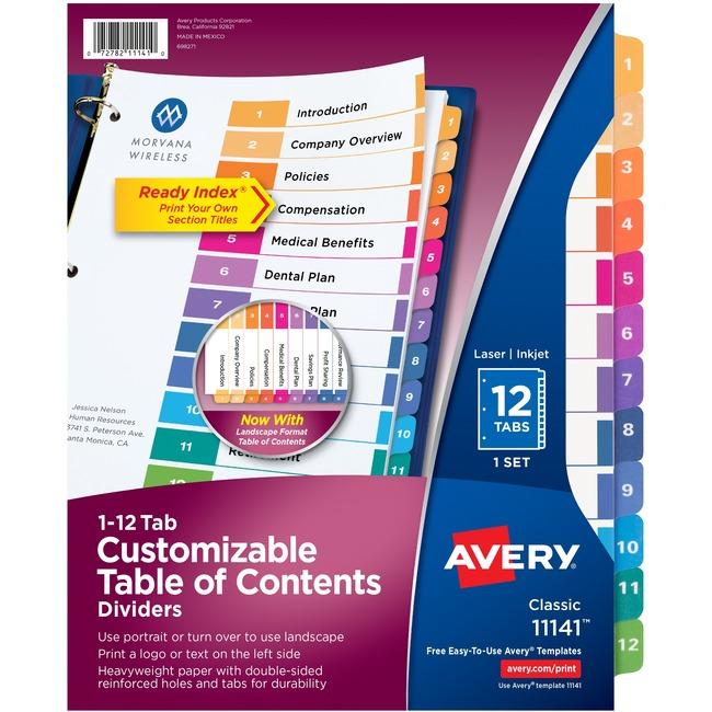 Avery&reg; Ready Index 12 Tab Dividers, Customizable TOC, 1 Set (11141) (AVE11141)