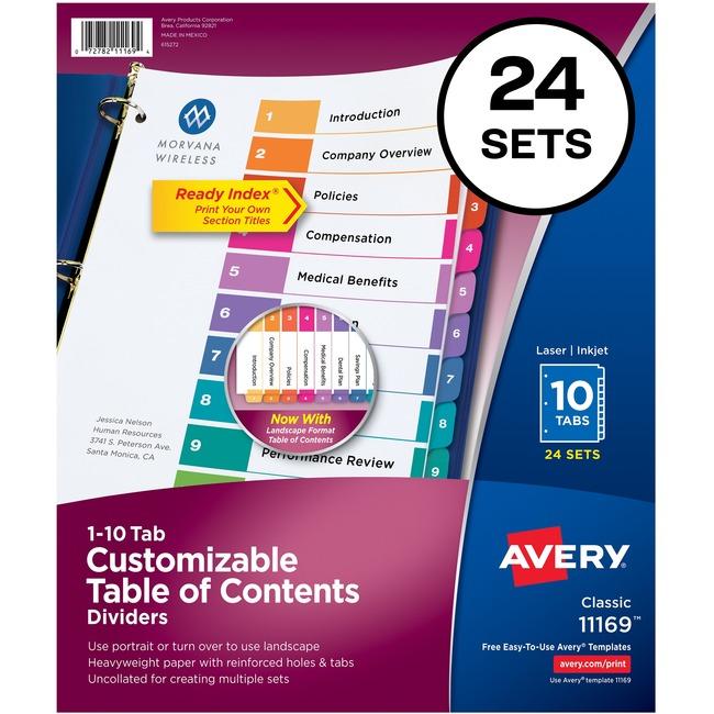 Avery&reg; Ready Index(R) 10-Tab Binder Dividers, Customizable Table of Contents, Multicolor Tabs, 24 Sets (11169) (AVE11169)