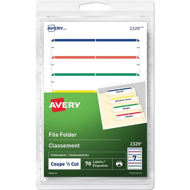 Avery Printer or Write Filing Labels 3 1/2" x 5/8", Permanent, White w Asstd Colour Bars, 70/pkg - The Supply Room